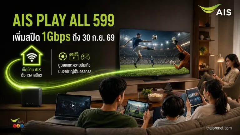 โปรเน็ตบ้าน AIS ดูบอล แพ็กเกจ PLAY ALL 599 บ.เพิ่มความเร็วเป็น 1Gbps จากปกติ 500/500 Mbps รีบสมัครเลยถึง