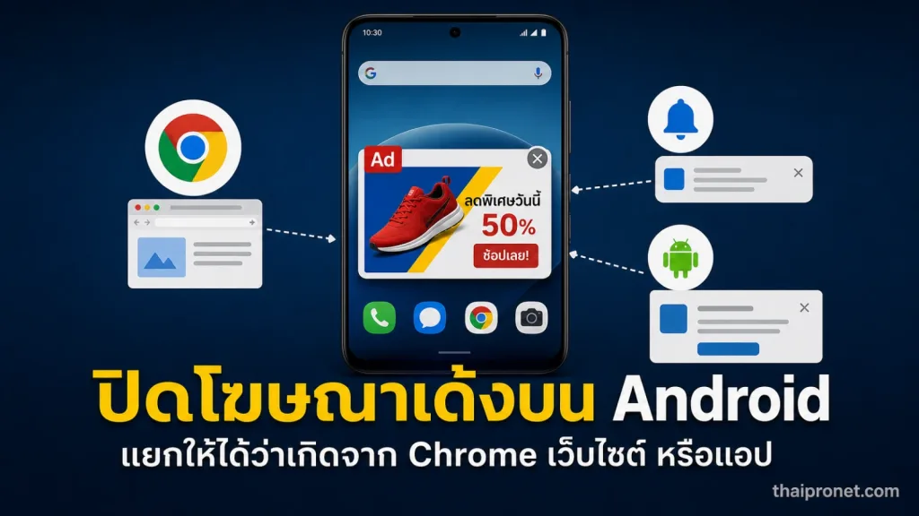 วิธีปิดโฆษณาเด้งบน Android แยกให้ออกว่าเป็นจาก Chrome แอป หรือการแจ้งเตือนเว็บไซต์ — ปิดโฆษณา Android