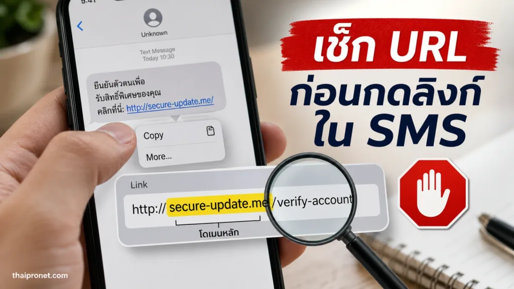 ได้รับ SMS มีลิงก์แต่ไม่แน่ใจว่าจริงไหม ตรวจ URL ก่อนกดได้อย่างไร — ตรวจลิงก์ปลอม