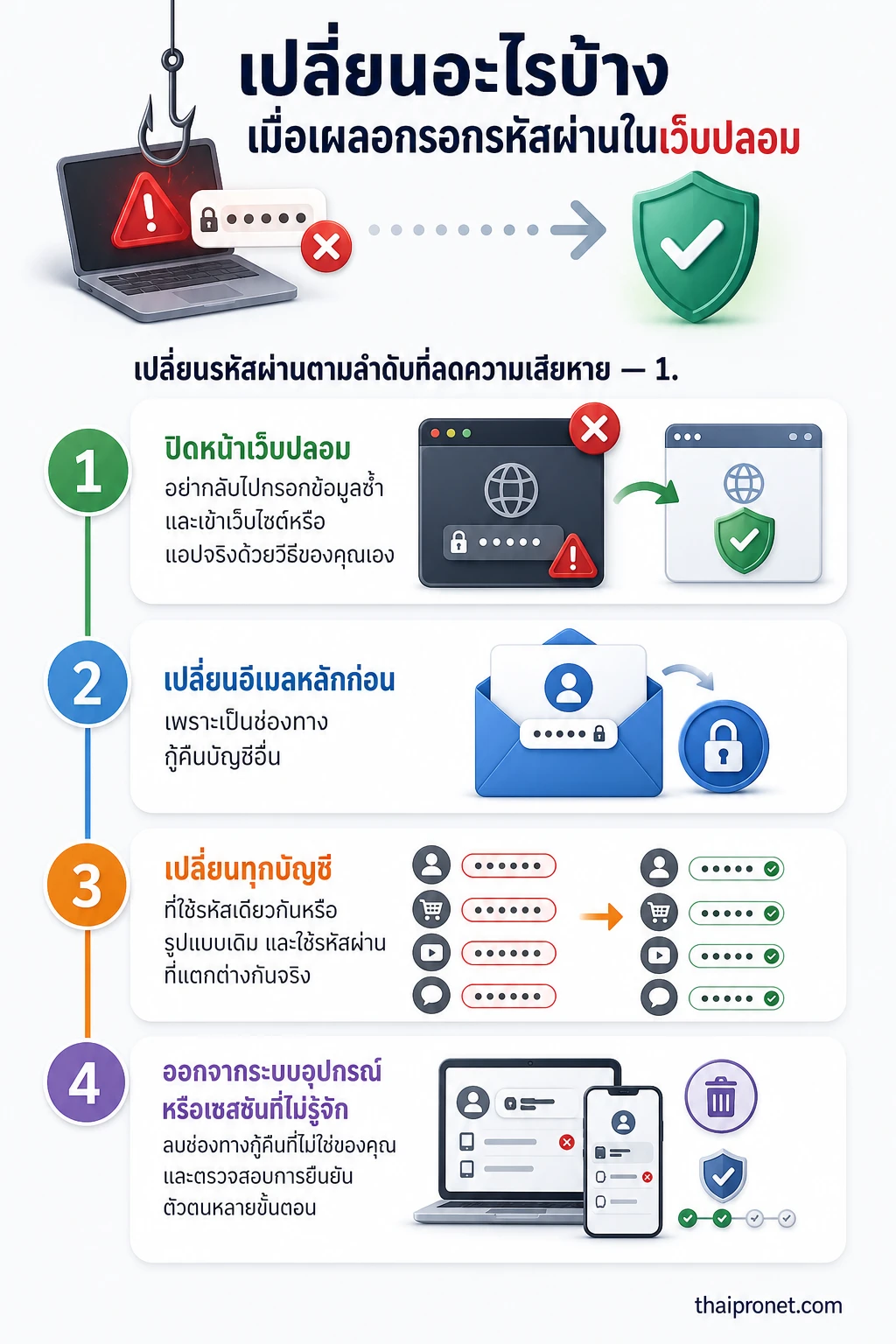 กรอกรหัสผ่านเว็บปลอม — หลังกรอกรหัสผ่านในเว็บปลอม ให้หยุดช่องทางโจมตีแล้วไล่ปิดความเสี่ยงจากบัญชีหลักไปยังบัญช